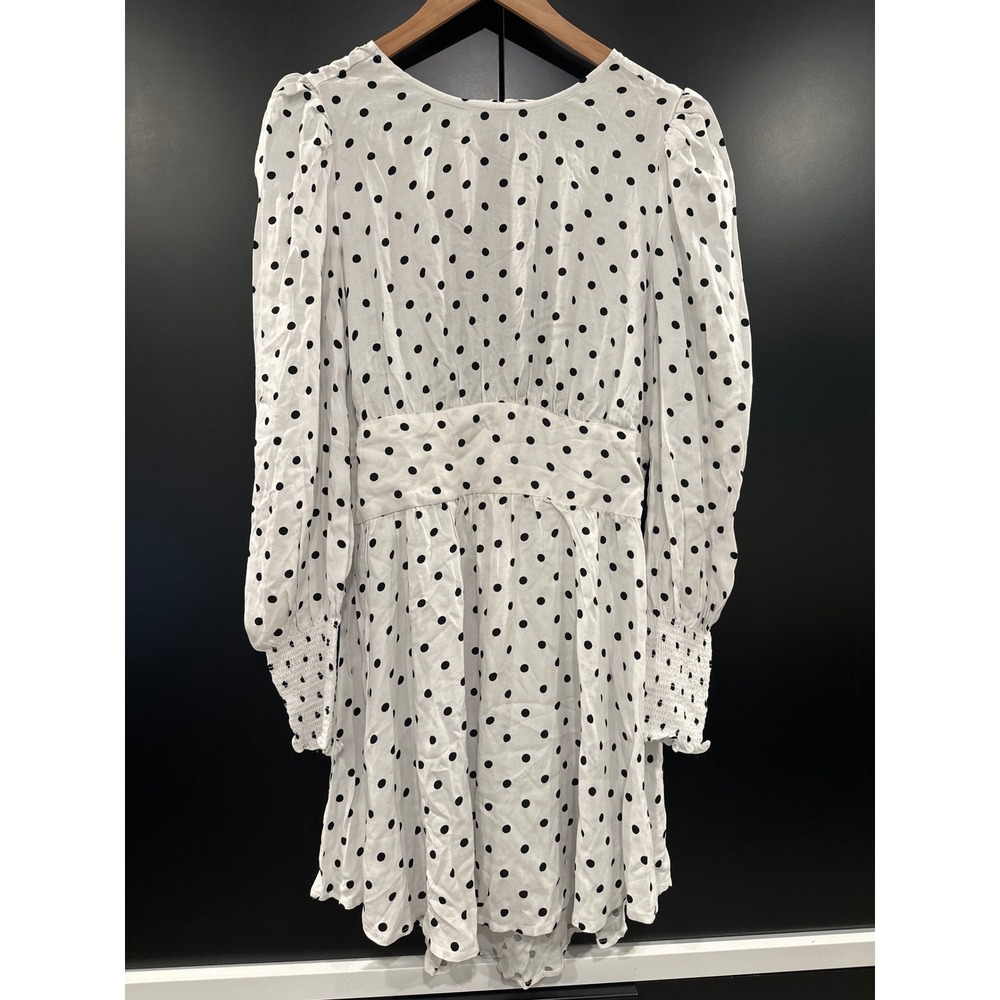 AFRM Blanc Polka Dot Open Back Mini Dress White Black Long Sleeve Size M NEW